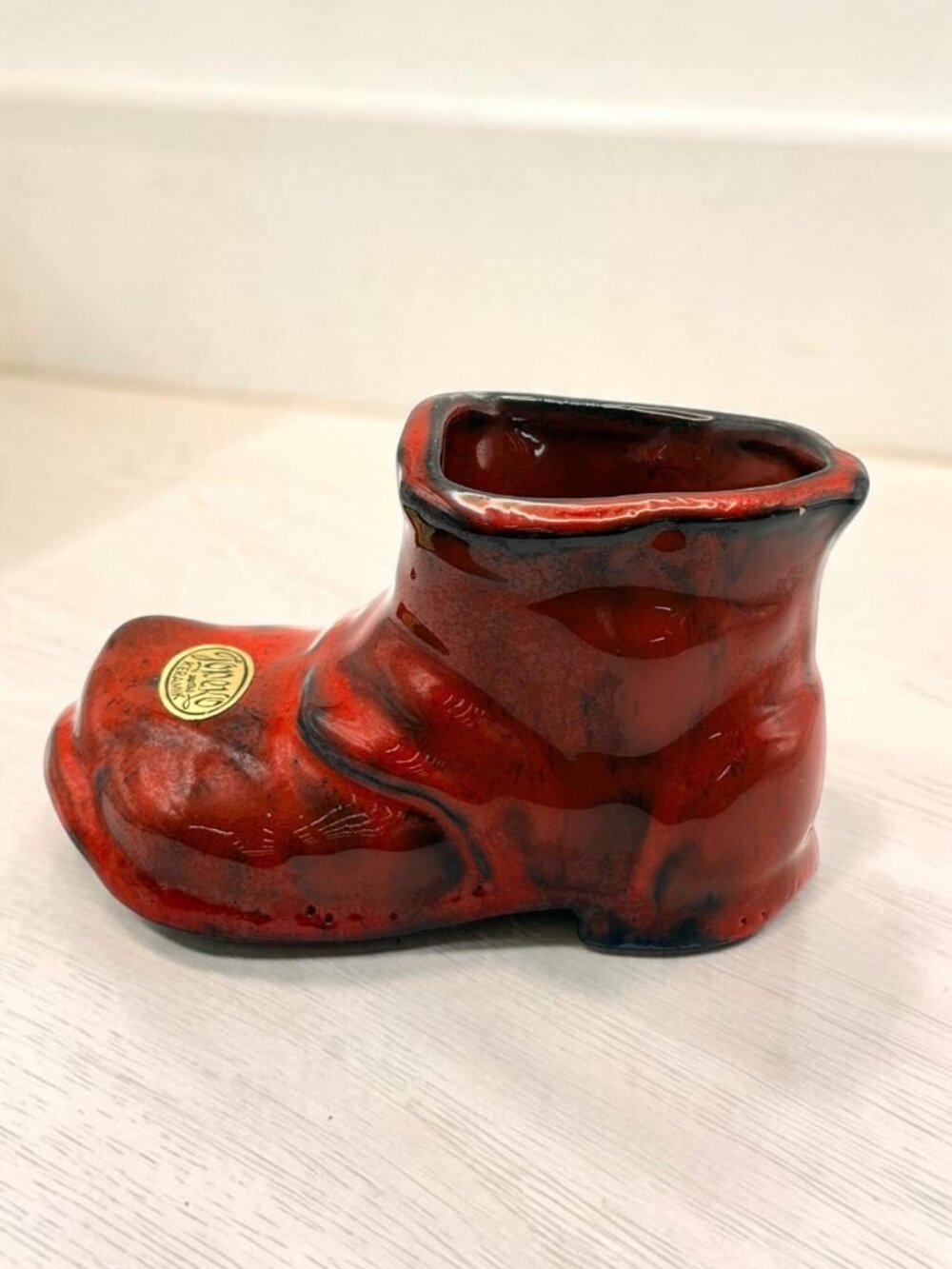 VTG 1950"s Jopeko Keramik Red Black Ceramic Boot Planter Shoe Pottery Decor 5"
